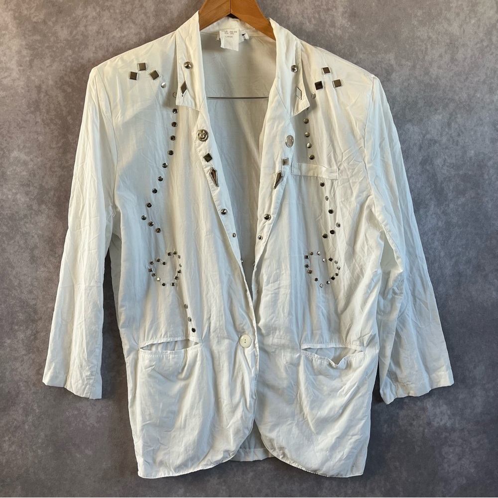 Contempo Casuals Blazer Womens Large White Stud‎ Smiley Button Vintage 90s Rayon